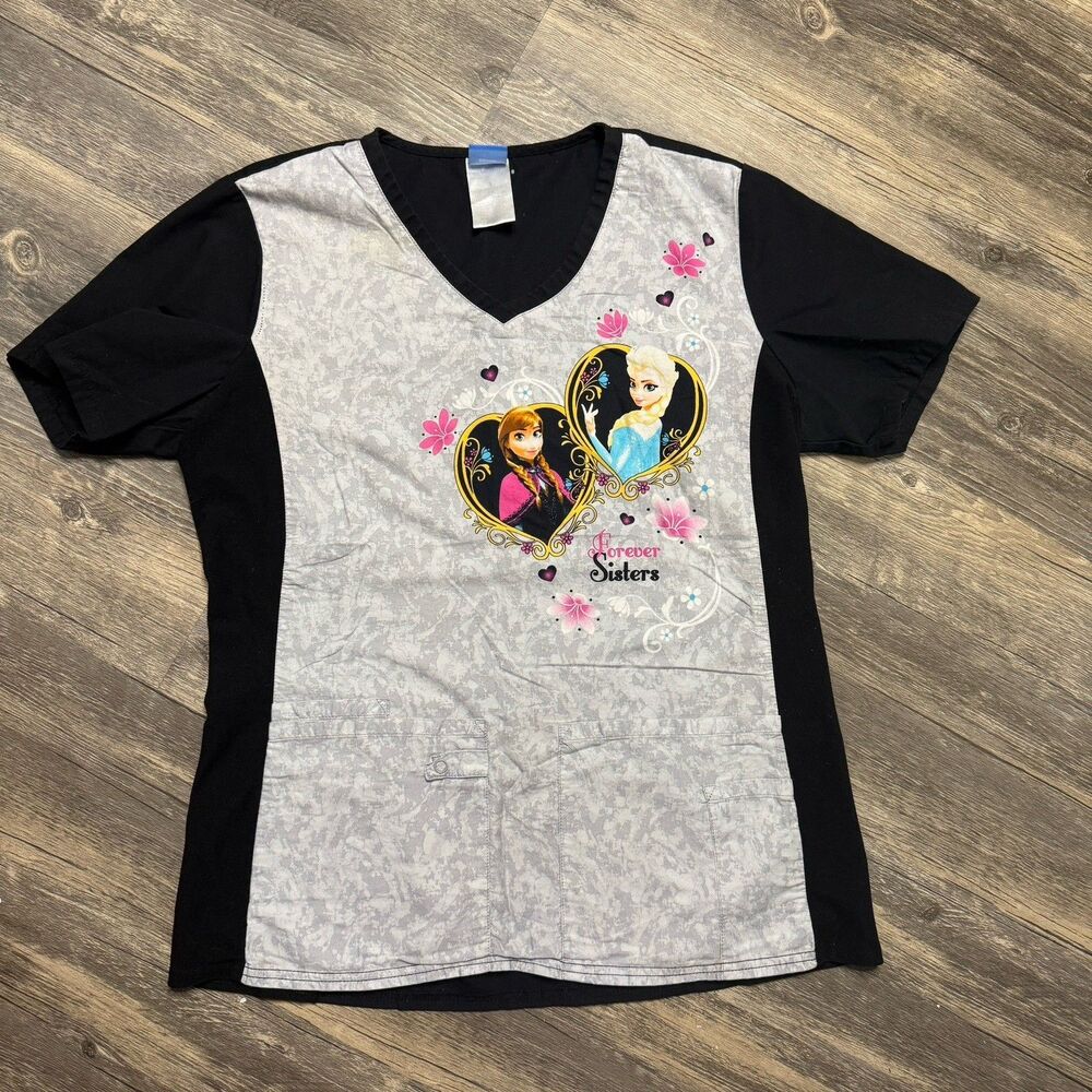 Disney Frozen Scrub Top Womens Small Anna Elsa Nurse Pediatric